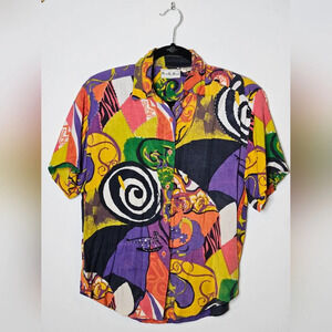 Vintage Pink On Pink Funky Retro‎ Colorful Abstract Womens Large Button Shirt